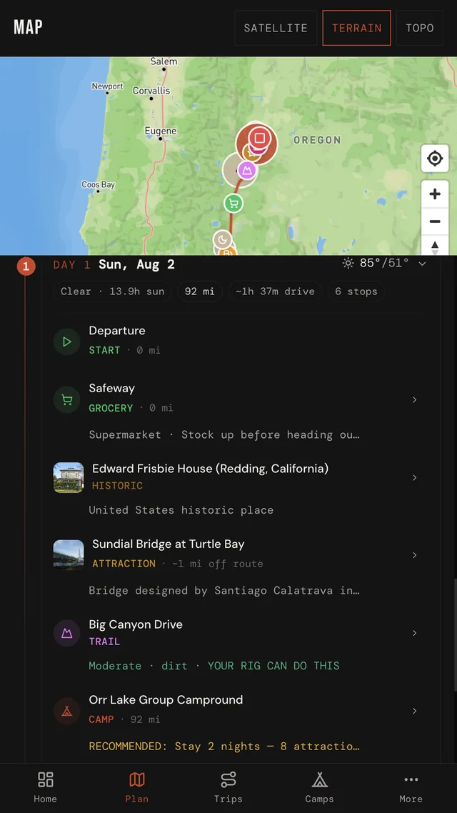 TrailSync route planner screen