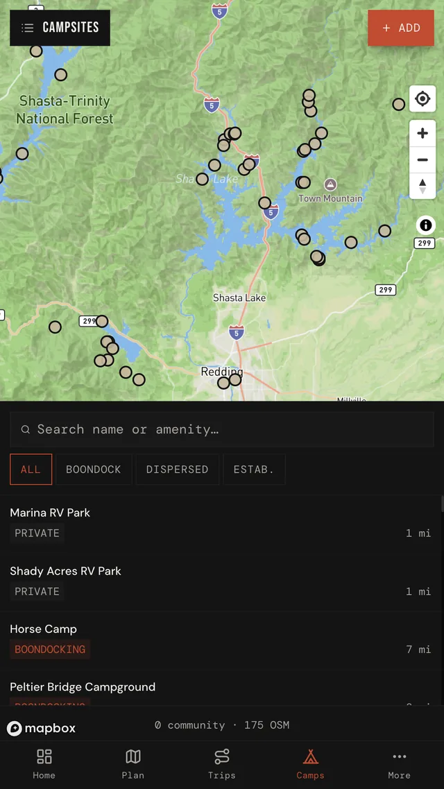 TrailSync campsites screen